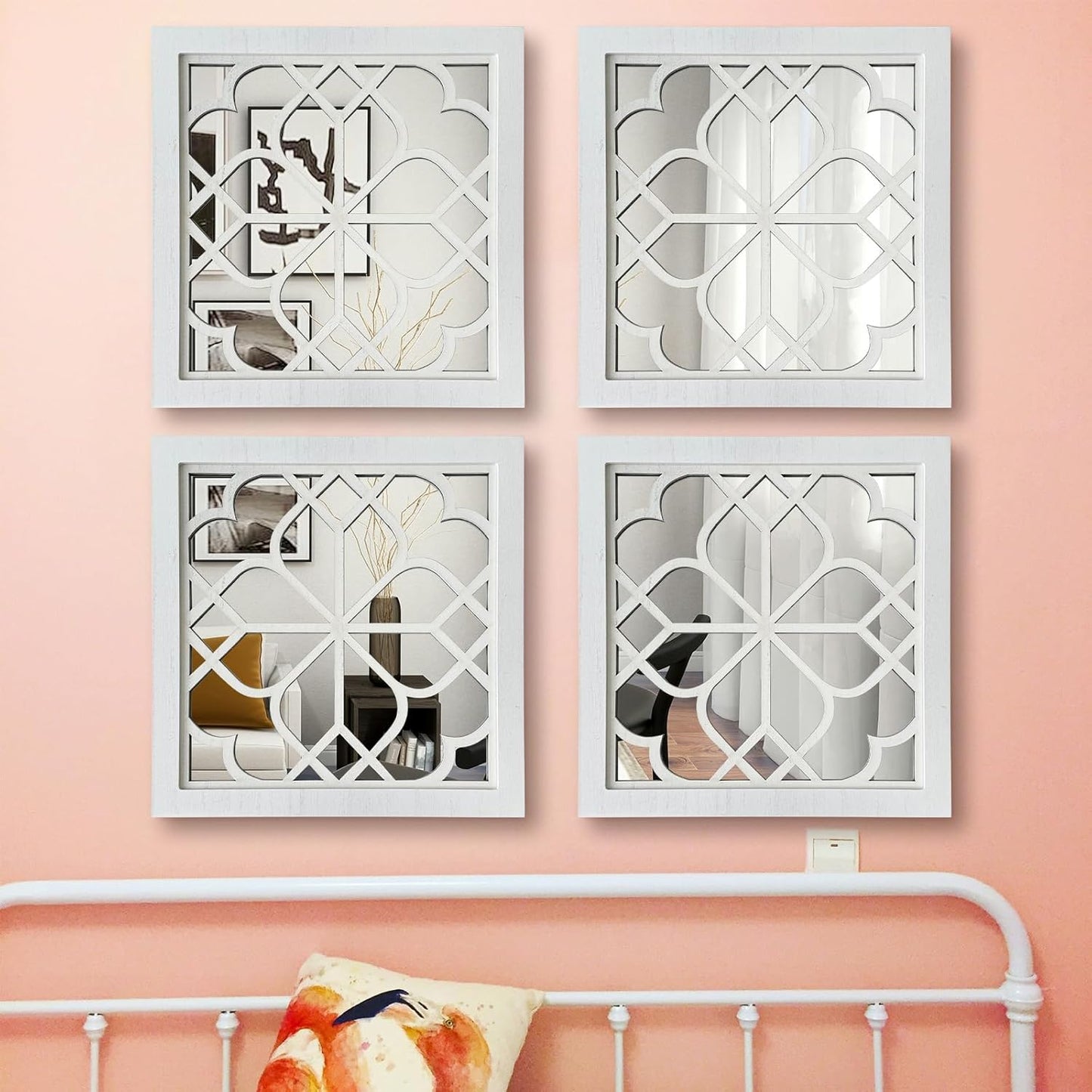 ZEXUIRU 4 Set. Rustic Wall Mirrors for Bedroom Bathroom Living Room Entryway Wood Farmhouse Square Easy to Hang Framed Decorative Accent Hanging Wall-Mounted Mirror Set for Living Room - Black