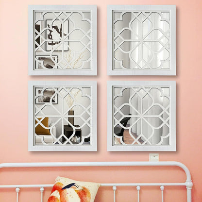 ZEXUIRU 4 Set. Rustic Wall Mirrors for Bedroom Bathroom Living Room Entryway Wood Farmhouse Square Easy to Hang Framed Decorative Accent Hanging Wall-Mounted Mirror Set for Living Room - Black