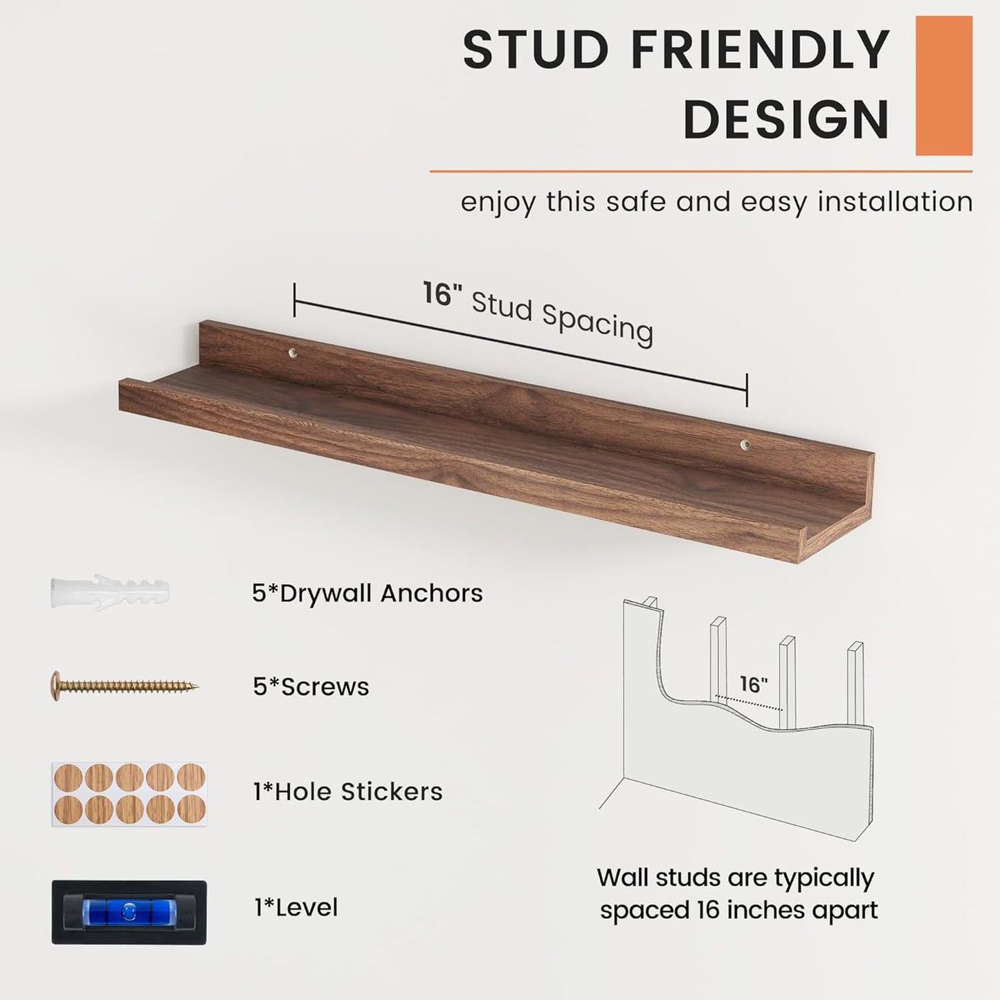 FLYJOE Picture Ledge Shelf, Floating Shelves Set of 2, 48 Inches Long Large Nursery Book Shelves for Toys Storage, Kids Bookshelf Wall Mounted for Living Room Bedroom Decor Books Photo Frames, Walnut