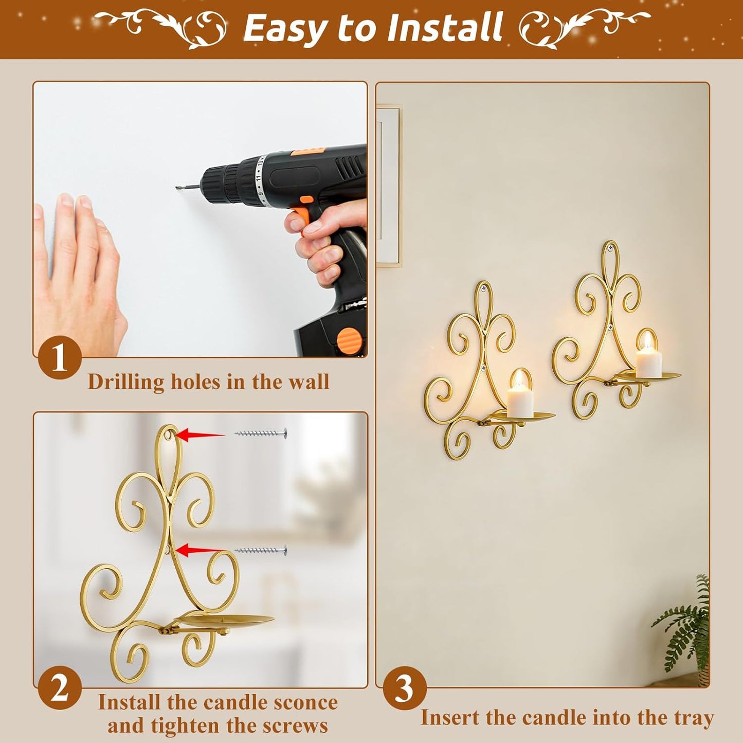 Wall Candle Sconces Set of 2, Double Scroll Pattern Candle Sconces, Metal Wall Candle Holder for Home Decor, Living Room, Dining Room, Bedroom, Black, Gifts for Men Women Mom or Dad