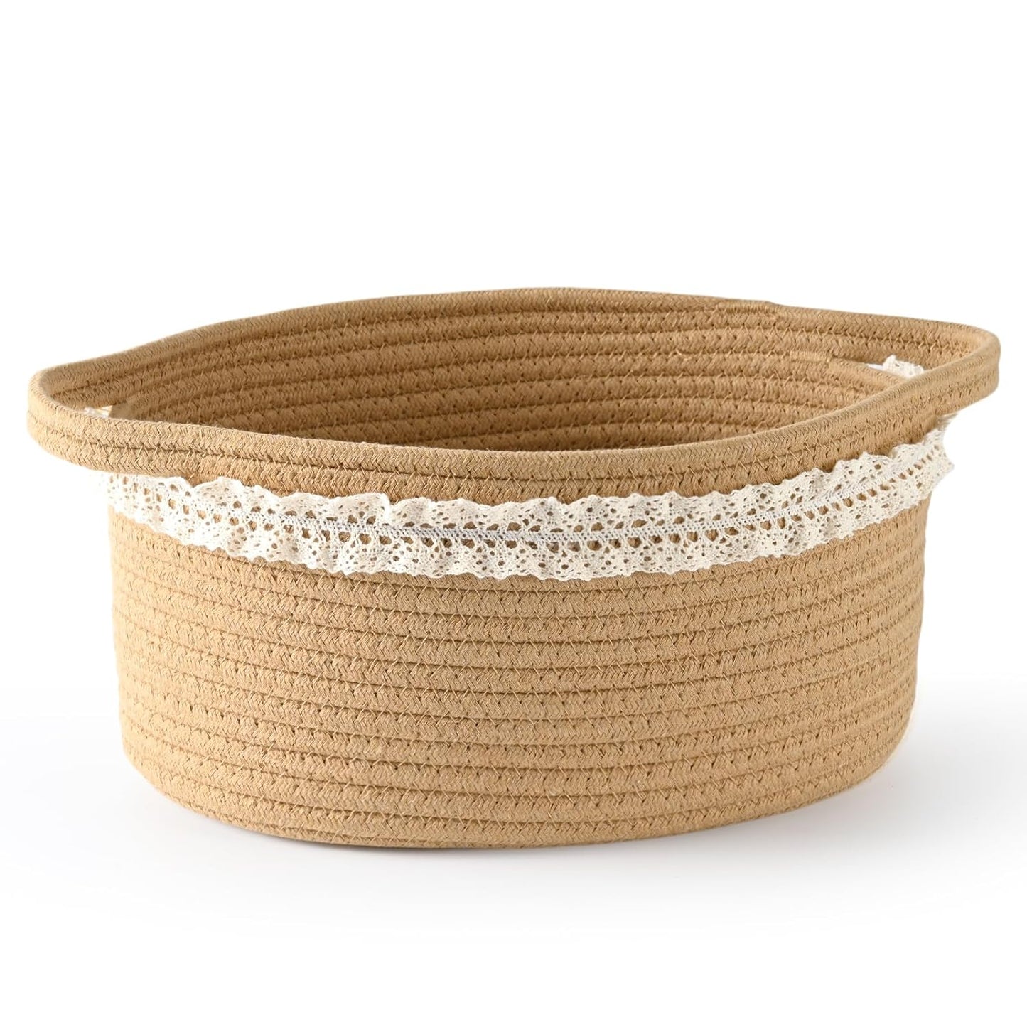 Happyiren Medium Woven Cotton Rope Basket with Handle Empty Decorative Gift Basket for Baby Shower, Graduation, Mother's Day, Nursery Storage 13" Dia x 8" W x 6" H