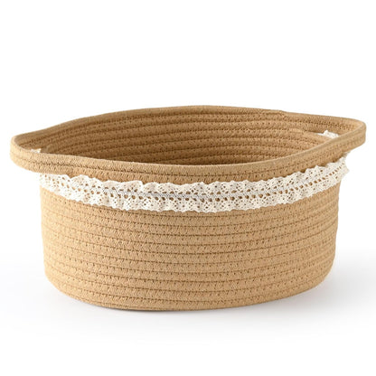Happyiren Medium Woven Cotton Rope Basket with Handle Empty Decorative Gift Basket for Baby Shower, Graduation, Mother's Day, Nursery Storage 13" Dia x 8" W x 6" H