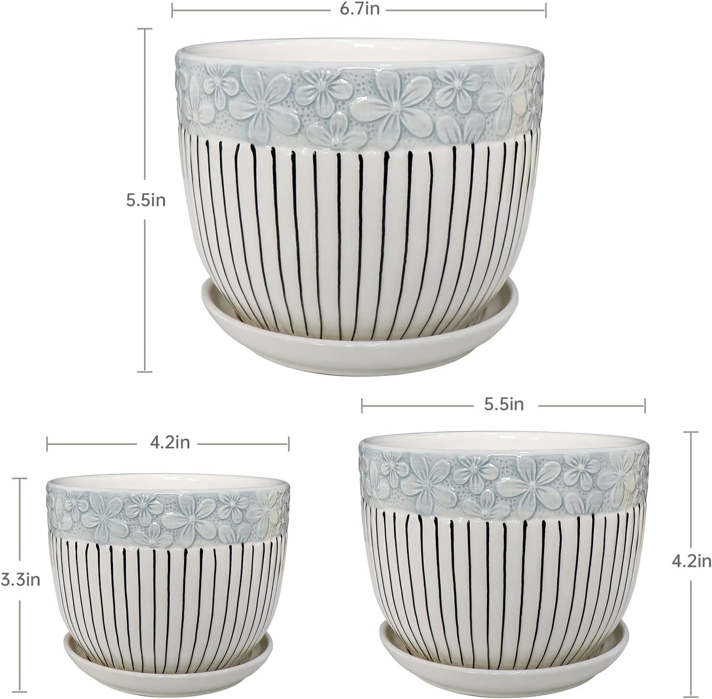 Ton Sin Grey Flower Pots, Texture Planter for Indoor Plants Set of 3 Ceramic Flower Pots with Saucer, Cute Garden Pots Succulent Pots, 6.75/5.6/4.2 Inch, Indoor Outdoor Home Garden Decor