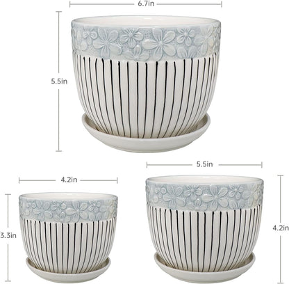 Ton Sin Grey Flower Pots, Texture Planter for Indoor Plants Set of 3 Ceramic Flower Pots with Saucer, Cute Garden Pots Succulent Pots, 6.75/5.6/4.2 Inch, Indoor Outdoor Home Garden Decor