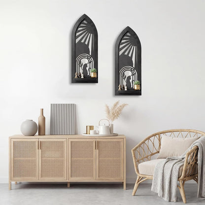 Wood Wall Sconce Candle Holder Set 2, Rustic Wall-Mount Candle Holders, Farmhouse Hanging Wall Décor, Carved Wood Frame, Mirrored Candle Holder (Distressed White)