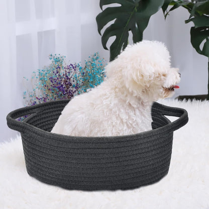 ABenkle Small Basket with Handles, Boho Decorative Rope Woven Dog Cat Toy Storage Bin Shelf Storage Organizer, Easter Christmas Gift Basket, 12"x8"x5", White