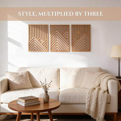 qmmp Modern Wooden Wall Sculptures - Set of 3 - Home Decor Accent - Large Wall Art for Living Room, Bedroom, Office - Easy Installation (Oak, Medium - Mountain and Sun)
