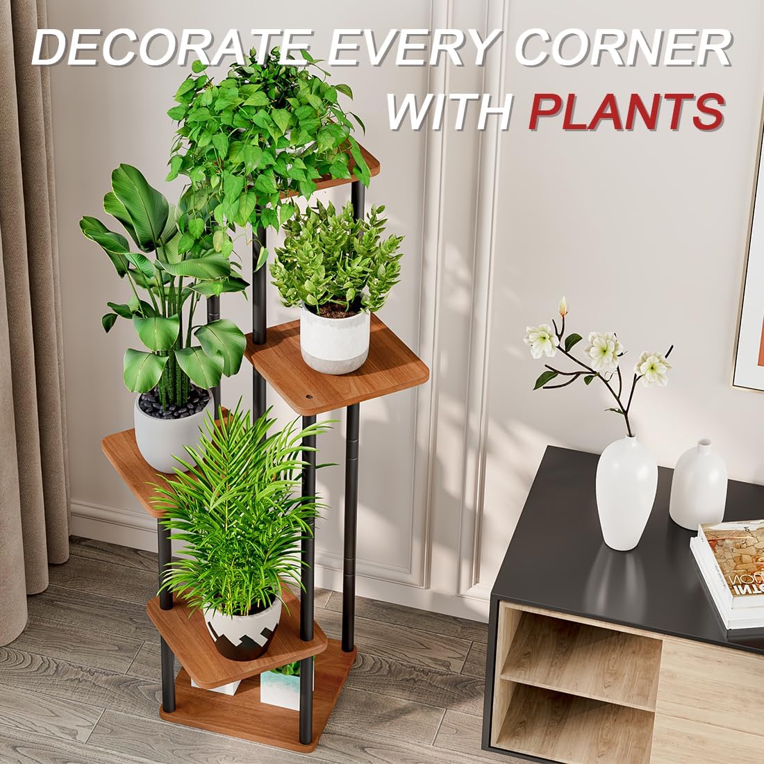 AZERPIAN Plant Stand 5 Tier Indoor Metal Flower Shelf for Multiple Plants Corner Tall Flower Holders for Patio Garden Living Room Balcony Bedroom, Black (5 Tier-Black)