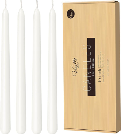 Viyffo Taper Candles, 10 Inch, 4 Pack, Olive Glow – Unscented, Dripless & Smokeless Design, Up to 8 Hour Burn – Long Tall Taper Candlesticks for Wedding, Dinner & Home Decor