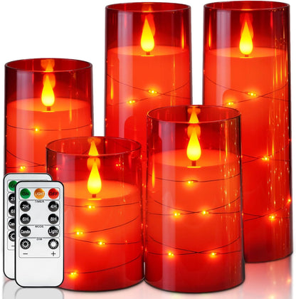 Homemory Flameless Candles with Embedded Star String Fairy Lights, Battery Operated Candles, LED Candle, Fake Candles with Remote Control and Timer for Halloween, Gray Acrylic, Set of 5(H4"5"6"8"8")