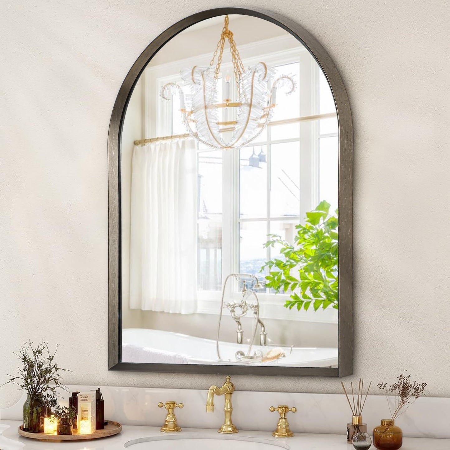 Black Arched Mirror, Modern Bathroom Wall Mirror Aluminum Alloy Framed Mirror Brushed Metal Vanity Wall Mounted Mirror for Livingroom Bedroom Entryway Room 16"x12"