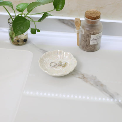 Pink Flower Ring Dish Holder,Jewelry Dish Tray,Small Trinket Tray,Jewelry Plate Bowl,Key Bowl,Decorative Plate,Mothers Day Birthday Gifts for Women Friends,Ceramic Kiln effect White