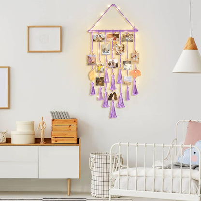 Homecor Hanging Photo Display Wall Decor, Macrame Wall Hanging Boho Room Bedroom Decor, Picture Frame Collage Board with Light 30 Clip, Christmas Teenage Teen Girl Gifts Ages 10 11 12 13 14 Years Old