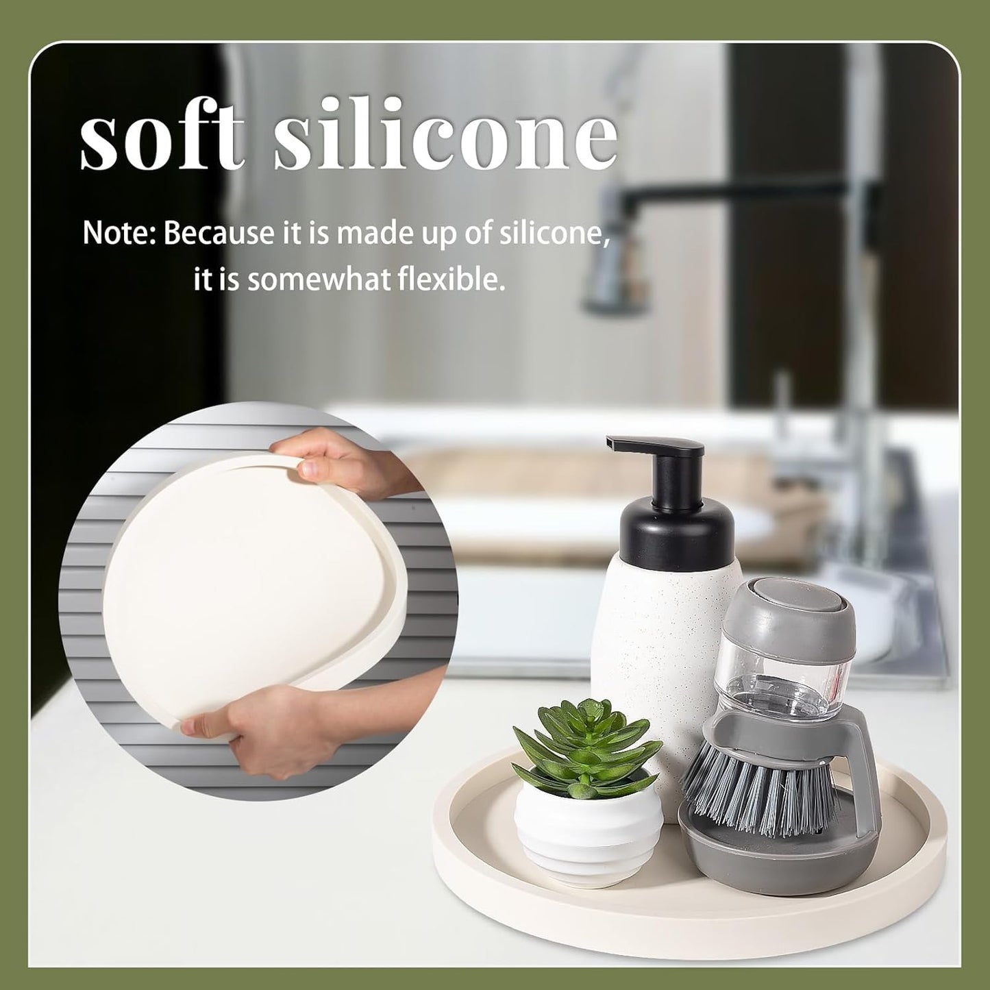 Silicone Bathroom Tray Round Vanity Tray Decorative Soap Holder Kitchen Countertop Organizer Coffee Table Decor for Candle, Perfume, Plant, 9 Inch, Black