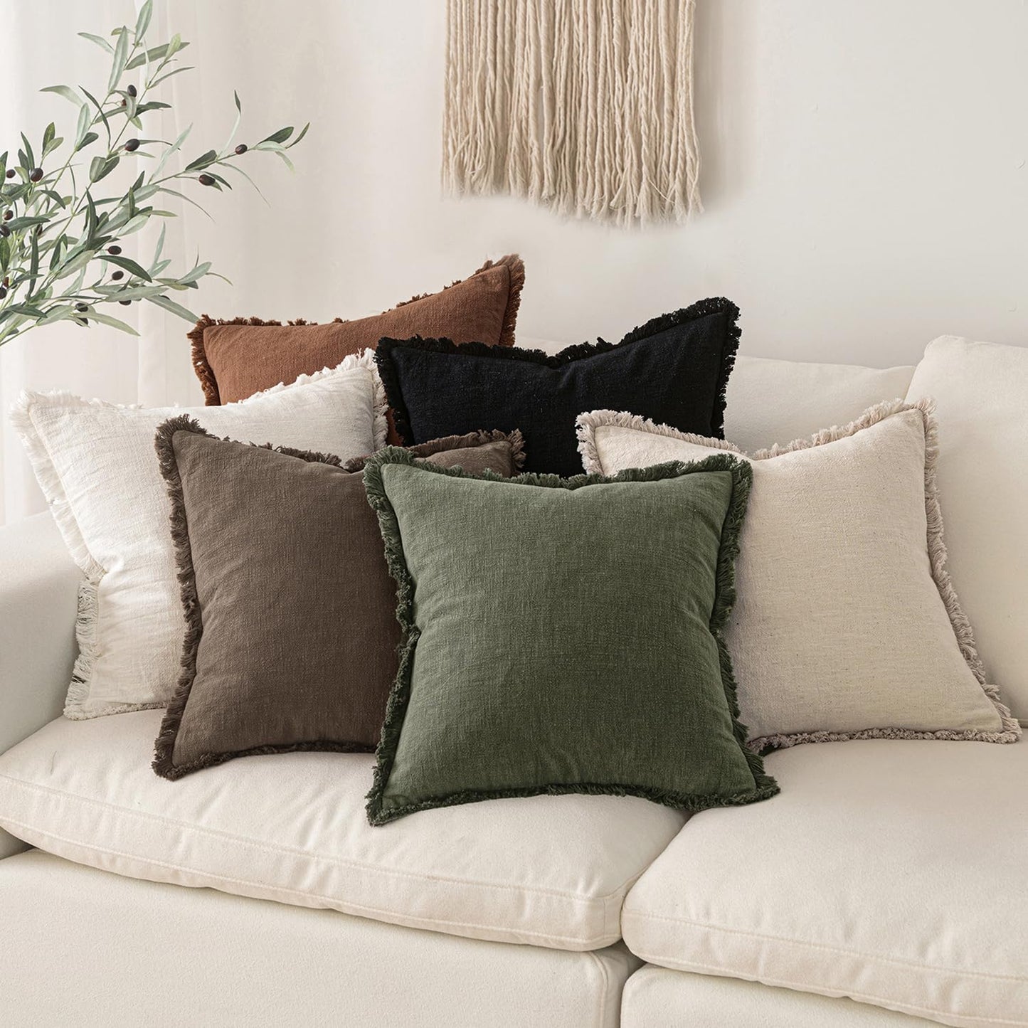 MIULEE Decorative Throw Pillow Covers Neutral Linen Fringe Throw Pillows Set of 2 Natural Beige Boho Farmhouse Cushion Covers with Tassels for Couch Sofa Bed Spring Home Decor 20x20 Inch