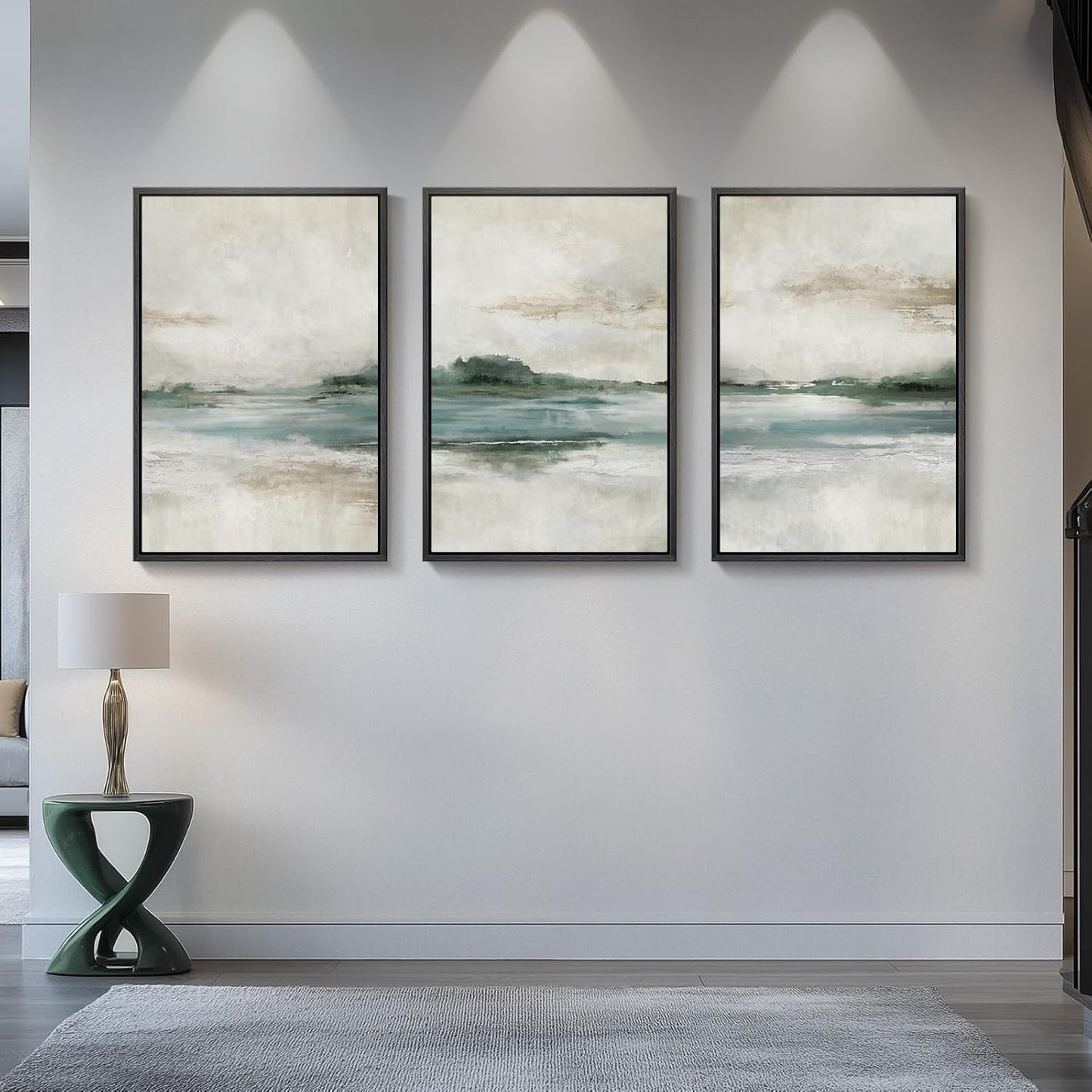 Large Framed Abstract Nature Landscape Wall Art for Living Room, Set of 3 Modern Canvas Prints Paintings Artwork for Walls, Green Lake Pictures for Hallway, Dining Room, Office Wall Decor 24x36 Inch