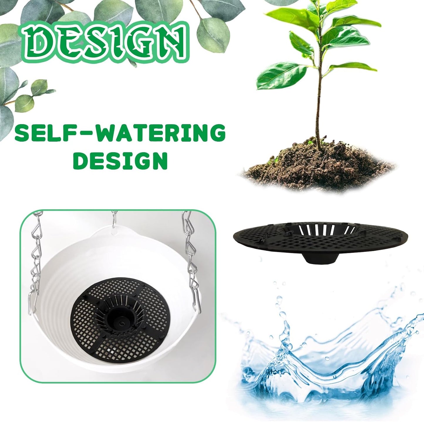 Srmayyi 4 Pack 8 inch Plastic Self Watering Hanging Planters,Round Hanging Basket Planter with Drainer and Metal Chain,White Garden Flower Plant Pot Container for Indoor Outdoor Plants
