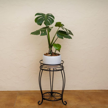 FaithLand 2 Pack Metal Plant Stands, Tall Planter Holder Indoor Outdoor, 2 Tier Round Potted Supports Rack, Corner Display Shelf Black