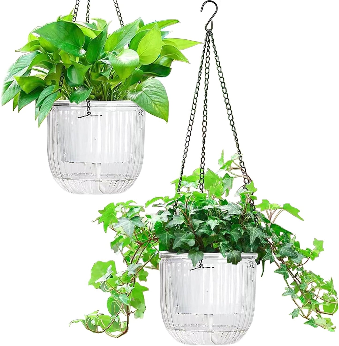 Melphoe 2 Pack Self Watering Hanging Planters Indoor Flower Pots, 6.5 Inch Outdoor Hanging Basket, Plant Hanger with 3Hooks Drainage Holes for Garden Home (Emerald)