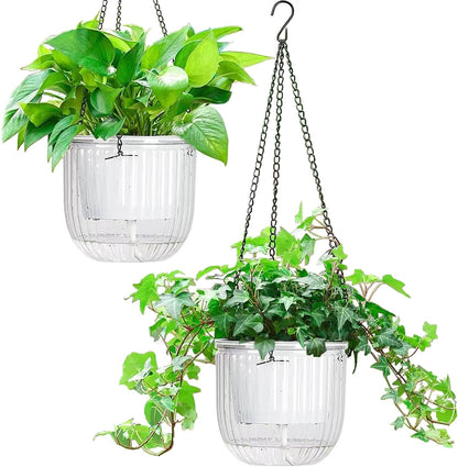 Melphoe 2 Pack Self Watering Hanging Planters Indoor Flower Pots, 6.5 Inch Outdoor Hanging Basket, Plant Hanger with 3Hooks Drainage Holes for Garden Home (Emerald)