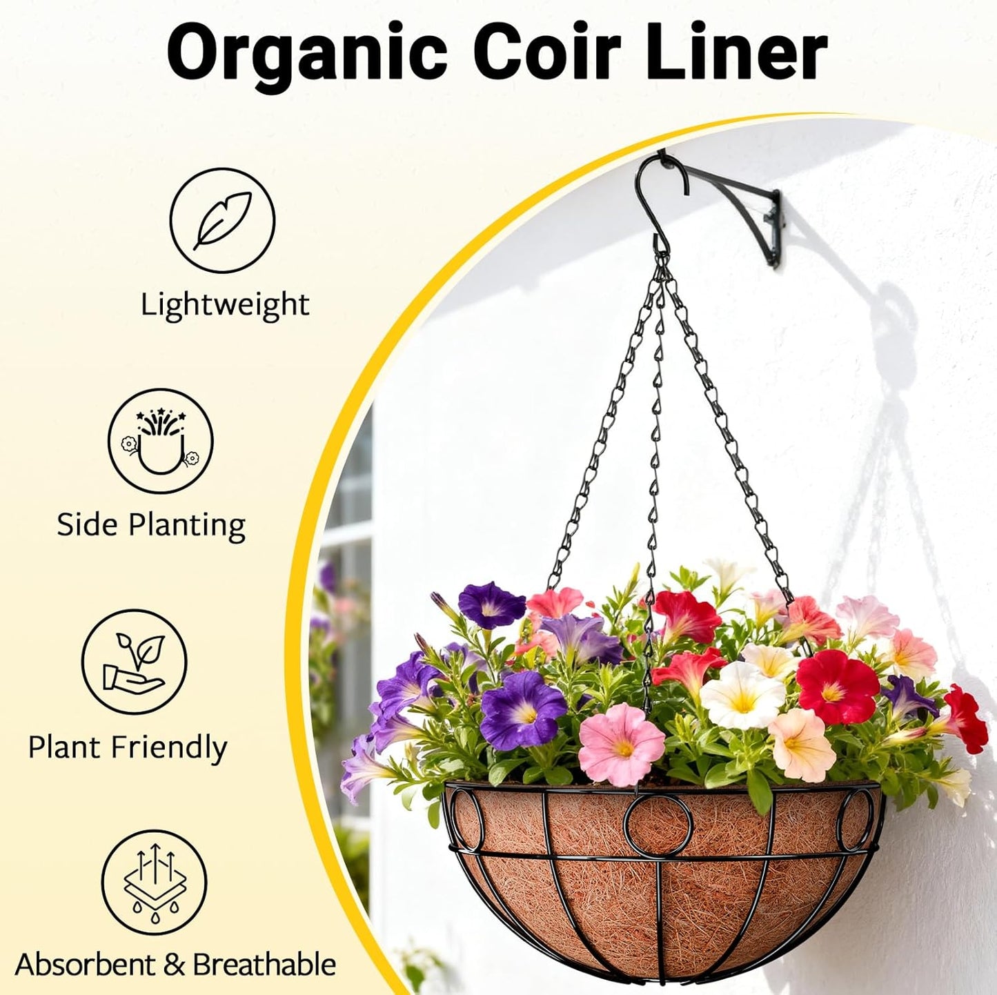 ZeeDix 2 Pack Round Hanging Baskets for Plants Outdoor, 12 Inch Metal Wire Planter Basket with Coco Liner, Hanging Flower Pots for Garden Yard Patio Porch Balcony Decor