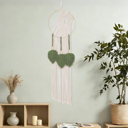 LB Boho Macrame Wall Hanging - Green and Beige Handmade Cotton Woven Decor, Modern Geometric Bohemian Tapestry Wall Decor for Bedroom Living Room Home (31.5"x9.84") Nature-Inspired Room Decor