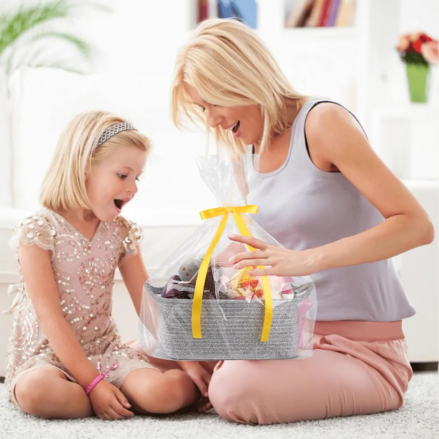 OIAHOMY Woven Basket, Gift Basket Empty with Gift Bags and Ribbons, Rope Baskets for Baby Showers, Storage Baskets with Handles for Nursery, Pet Toy Organizer - White