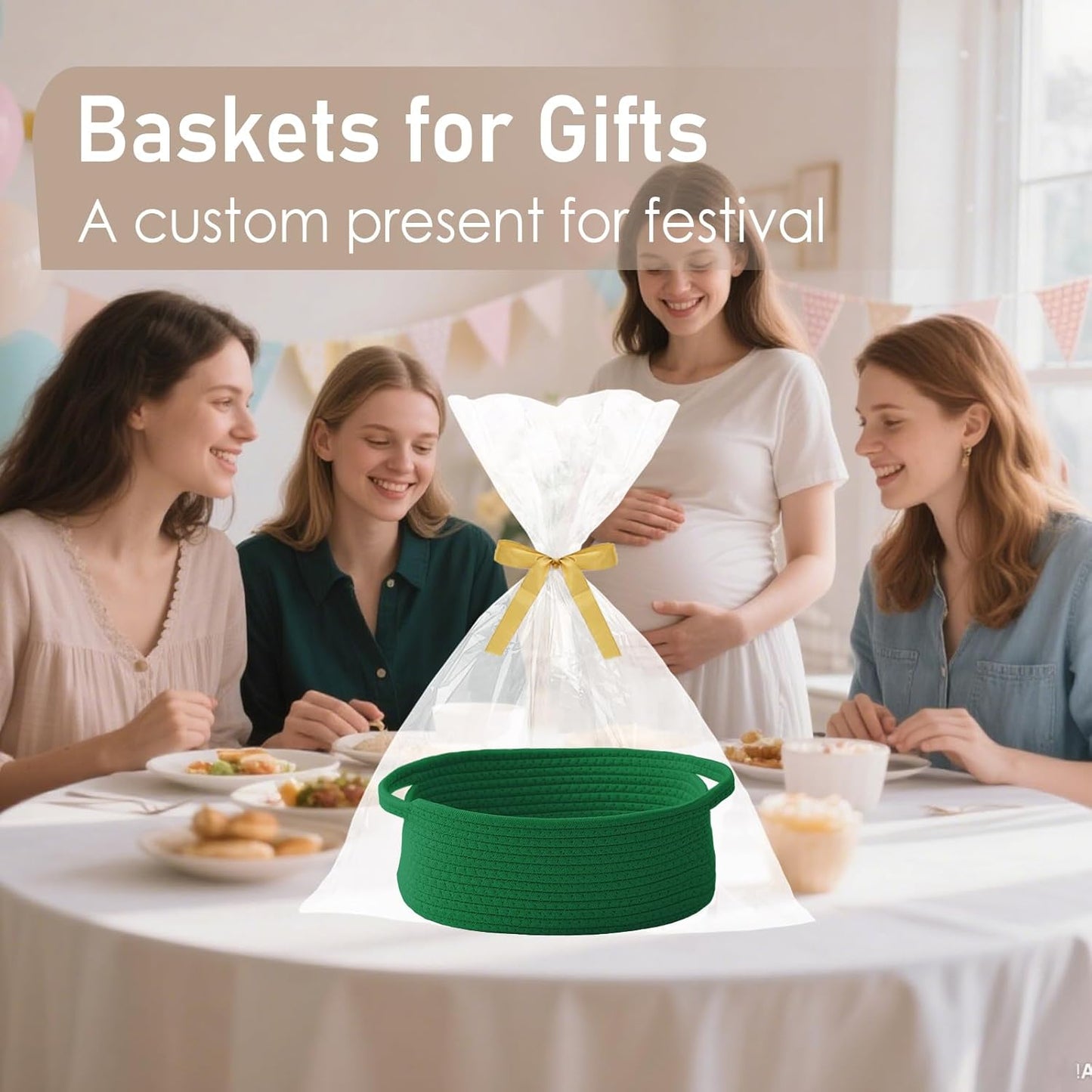 JMvicyroam Woven Basket,Small Rope Storage Bin with Handles & Ribbon Bag, Organizer for Shelves Closets,Gift Basket Empty for Birthday,Books,Dog Toys,White