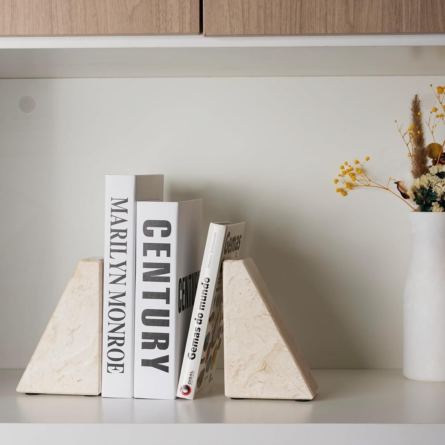 Karibiber Travertine Bookends for Heavy Books, Marble Decorative Bookends for Shelves, Heavy-Duty Stone Book Ends for Hardback Book & Cookbooks, Unique Book Stopper & Holder, Travertino Italy