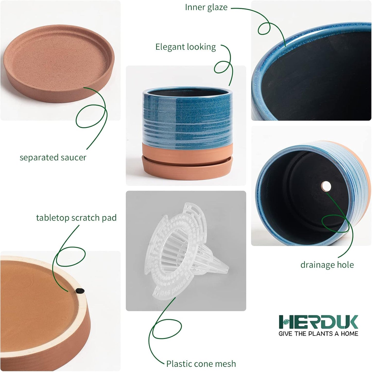 HERDUK 6 Inch Plant Pots, Ceramic Planter Pot with Drainage Hole & Saucer, Indoor/Outdoor Cylinder Round Planter Pot, Green & Beige
