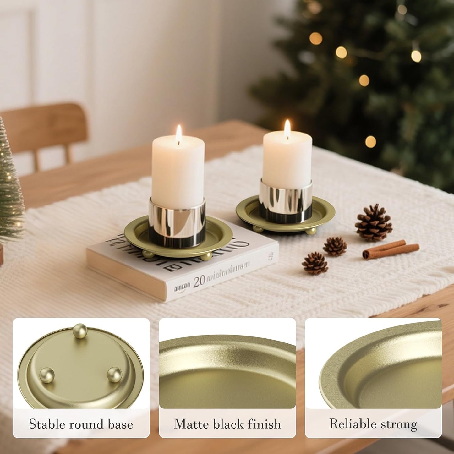 Black Candle Candlestick Holder Decor, 4.13 Inch Round Candles Tray Holders Set of 2, Iron Plate Candle Stand for Pillar Ball Candles, Metal Porta Velas for Home Decor Table Centerpiece
