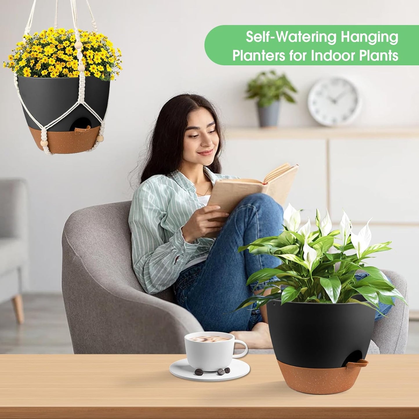Vanslogreen Hanging Planters for Indoor Outdoor Plants, 2 Pack Self Watering Hanging Pot with Drainage Holes & Removable Tray (Black, 8'')