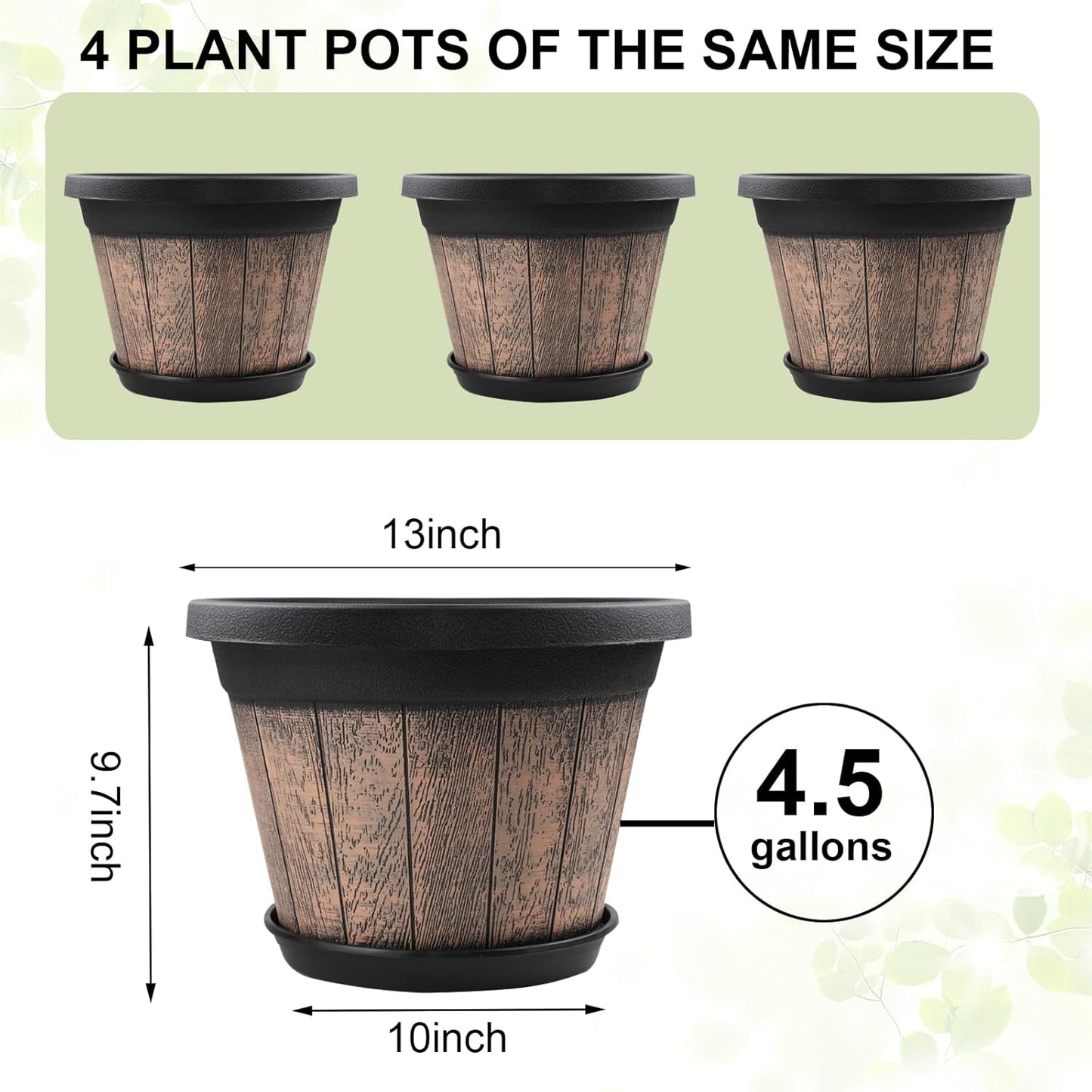 Quarut 3 Pack 10 inch Plant Pots,Whiskey Barrel Planters with Drainage Holes & Saucer, Plastic Decoration Flower Pots Imitation Wine Barrel Design, for Indoor & Outdoor Garden Home Plants (Brown)