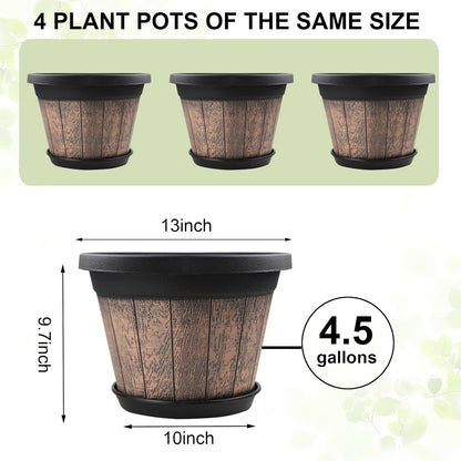 Quarut 3 Pack 10 inch Plant Pots,Whiskey Barrel Planters with Drainage Holes & Saucer, Plastic Decoration Flower Pots Imitation Wine Barrel Design, for Indoor & Outdoor Garden Home Plants (Brown)