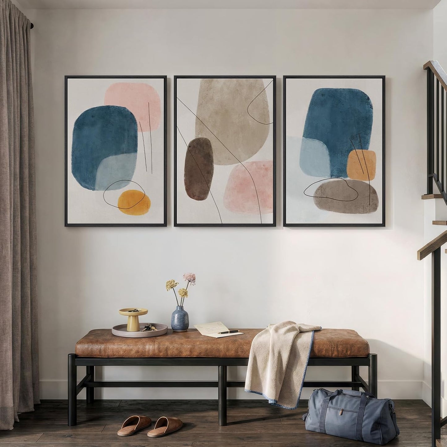 Large Framed Neutral Abstract Wall Art for Living Room, 3 Piece Modern Canvas Prints Paintings Artwork for Walls, Black and Beige Pictures for Living Room Hallway Stair Office Wall Decor 24x36 Inch