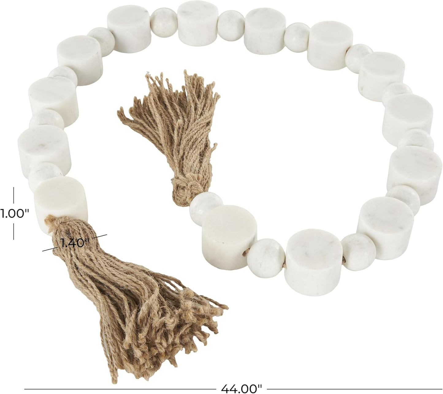 Deco 79 Marble Handmade Beaded Garland with Tassel Round Extra Long Orb Small Beads with Tassel with Knotted Brown Jute, Beads with Tassel 44" x 1" x 1", White