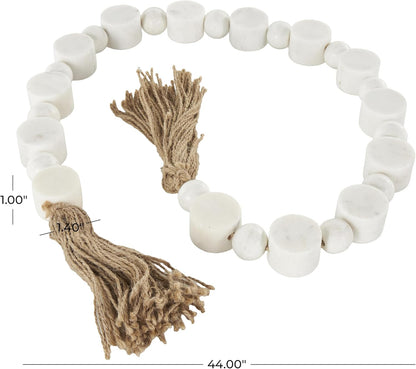Deco 79 Marble Handmade Beaded Garland with Tassel Round Extra Long Orb Small Beads with Tassel with Knotted Brown Jute, Beads with Tassel 44" x 1" x 1", White