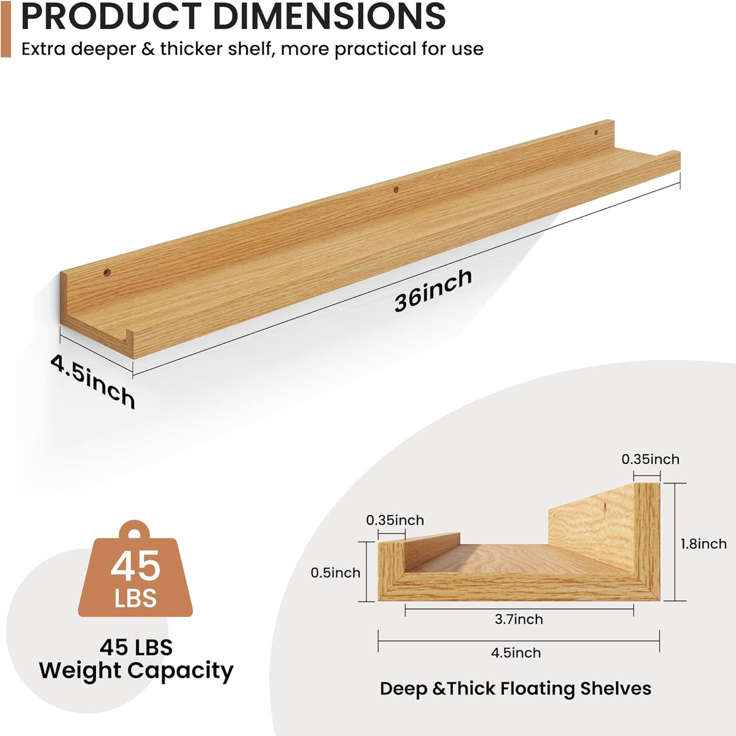 Fun Memories Picture Ledge Shelves Set of 2, 32 Inch Rustic Wall Mounted Floating Shelves with Lip for Home Storage and Décor in Bathroom, Kitchen, Nursery, Bedroom, Living Room, Walnut