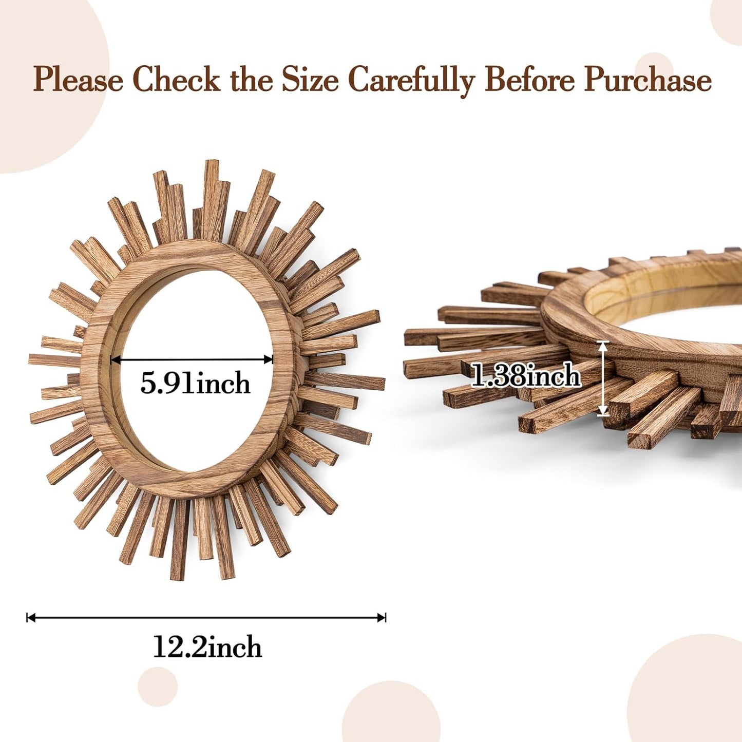 24 Inch Boho Sunburst Mirror, Round Wooden Wall Decor Starburst Sun Mirror for Bedroom, Living Room, Bathroom, Hallway, Balcony, Farmhouse Entryway, Housewarming Gift