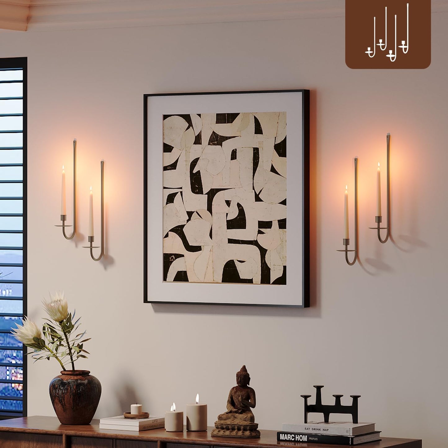 Metal Wall Candle Sconce Holder Set of 2 Wall Mount Candle Holder Pillar Holder Black Modern Wall Candle Sconces Hanging for Living Room Farmhouse Fireplace Wedding