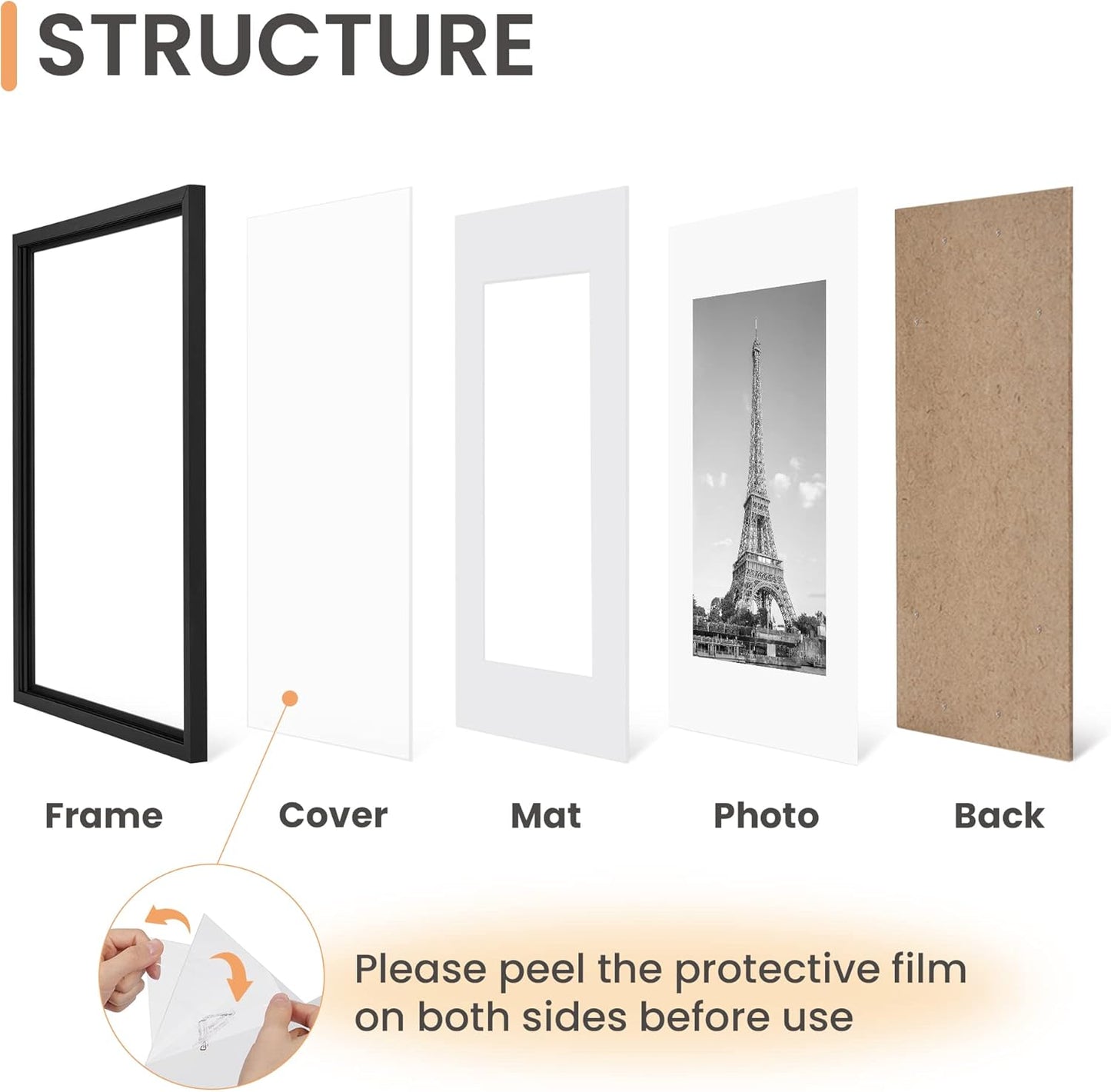 upsimples 11x14 Picture Frame Set of 5, Display Pictures 8x10 with Mat or 11x14 Without Mat, Wall Gallery Photo Frames, Black