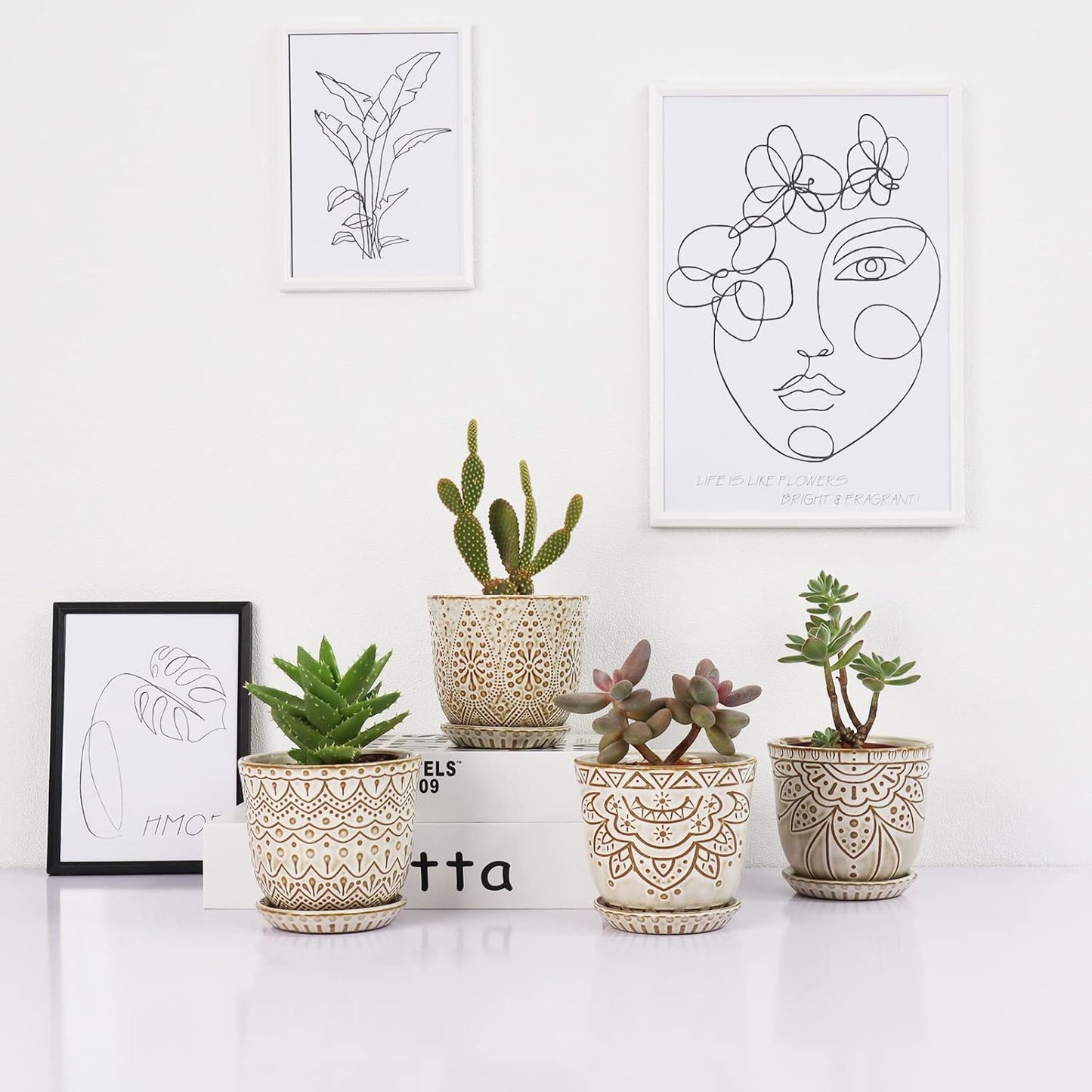 Gepege 6 Inch Beaded Ceramic Planter Set of 2 with Drainage Hole and Saucer for Plants, Indoor-Outdoor Large Round Succulent Orchid Flower Pot (Smoked Gray, Inner-pots not Larger Than 5 Inch)