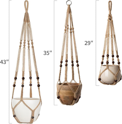 Mkono 3 Pack Macrame Plant Hangers Indoor Different Size Hanging Planter Basket Flower Pot Holder with Beads No Tassels 35"/29"/23", Medium, Brown