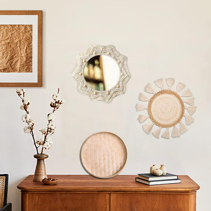 Boho Wall Basket Decor Set of 8 - Flat Woven Basket Wall Hanging Decor,Round Tassels White Macrame Tapestry Wall Decor Art,Handmade Rattan Wicker Seagrass Home Wall Baskets Decor（Boho Classic)