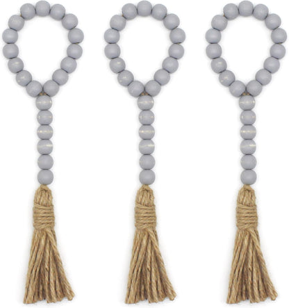 CVHOMEDECO. Wood Beads Garland with Tassels 3 PCS Farmhouse Rustic Wooden Prayer Bead String Wall Hanging Accent for Home Festival Decor. Natural