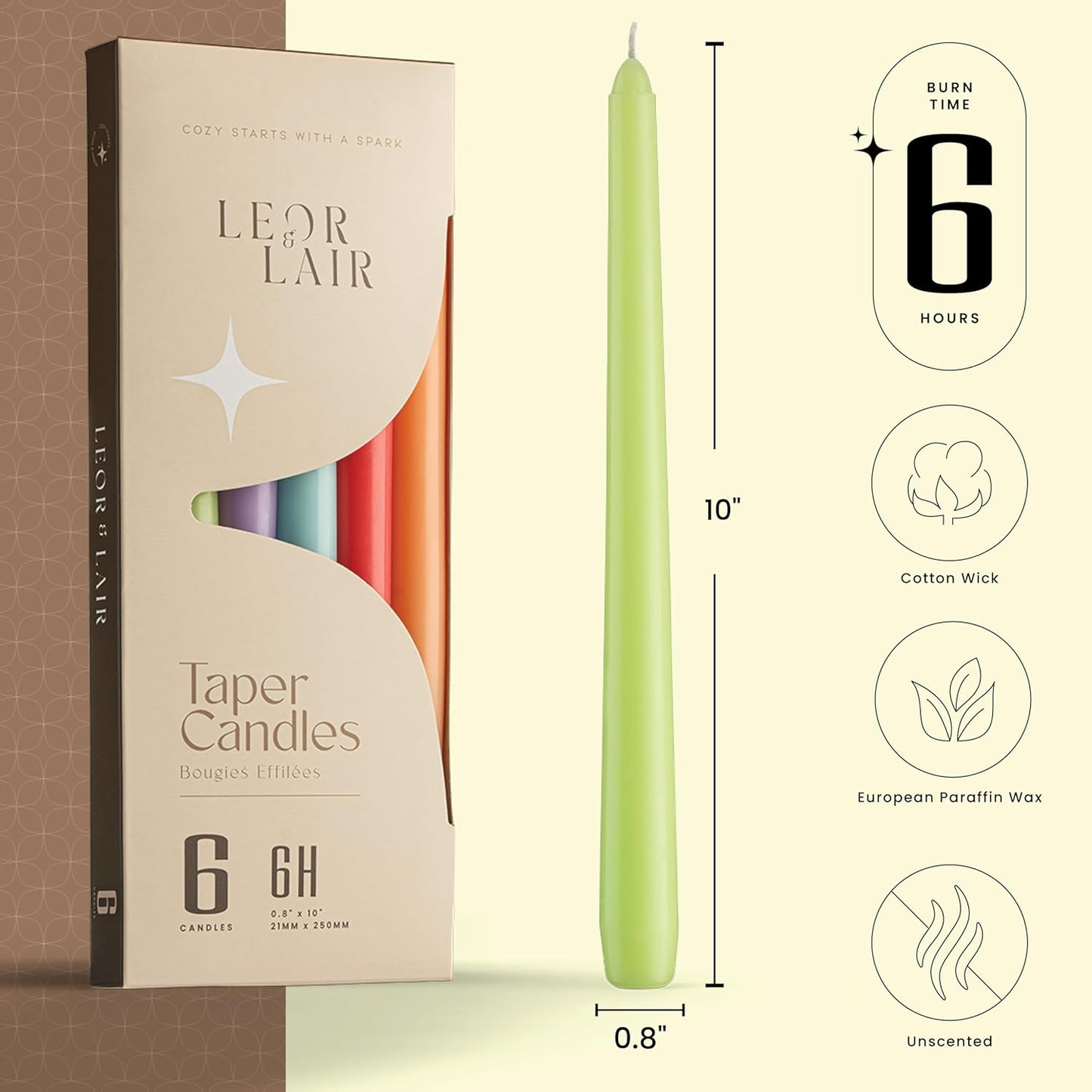 Leor & Lair Spring Taper Candles - 6 Pack - 10" Decorative Spring Candle Sticks with 6 Hour Burn Time - Easter Candlesticks for Easter Decor, Summer, Birthday Party & Celebrations