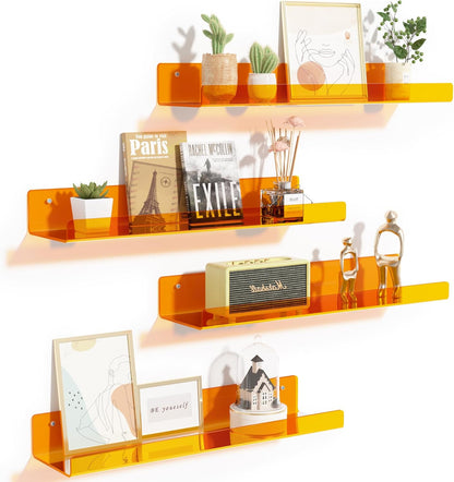 upsimples Acrylic Shelves for Bathroom Storage, 15" Floating Shelves Wall Organizer for Perfume, Make up, Skincare, Kids Bookshelf for Bedroom, Nursery, Living Room Decor, Clear, 4 Pack