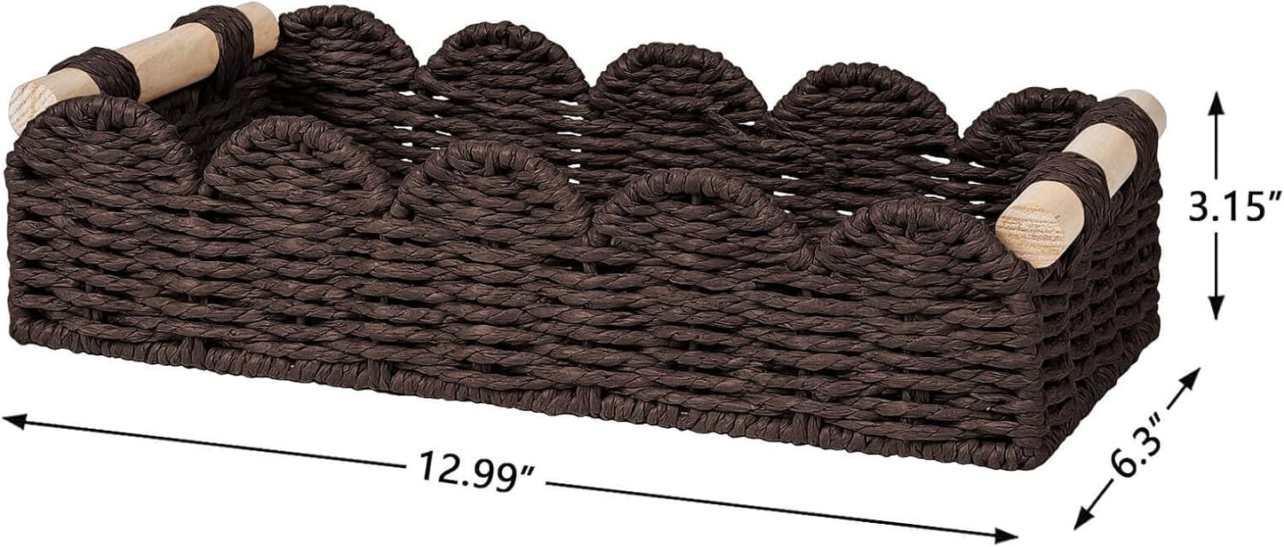 CubesLand Paper Rope Scalloped Edge Toilet Paper Storage Basket, Small Living Room, Bedroom Decor Baskets for Over Toilet Storage Shelf, End Table, Shelves and More, with 2 Wooden Handle, Neutral
