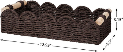 CubesLand Paper Rope Scalloped Edge Toilet Paper Storage Basket, Small Living Room, Bedroom Decor Baskets for Over Toilet Storage Shelf, End Table, Shelves and More, with 2 Wooden Handle, Neutral