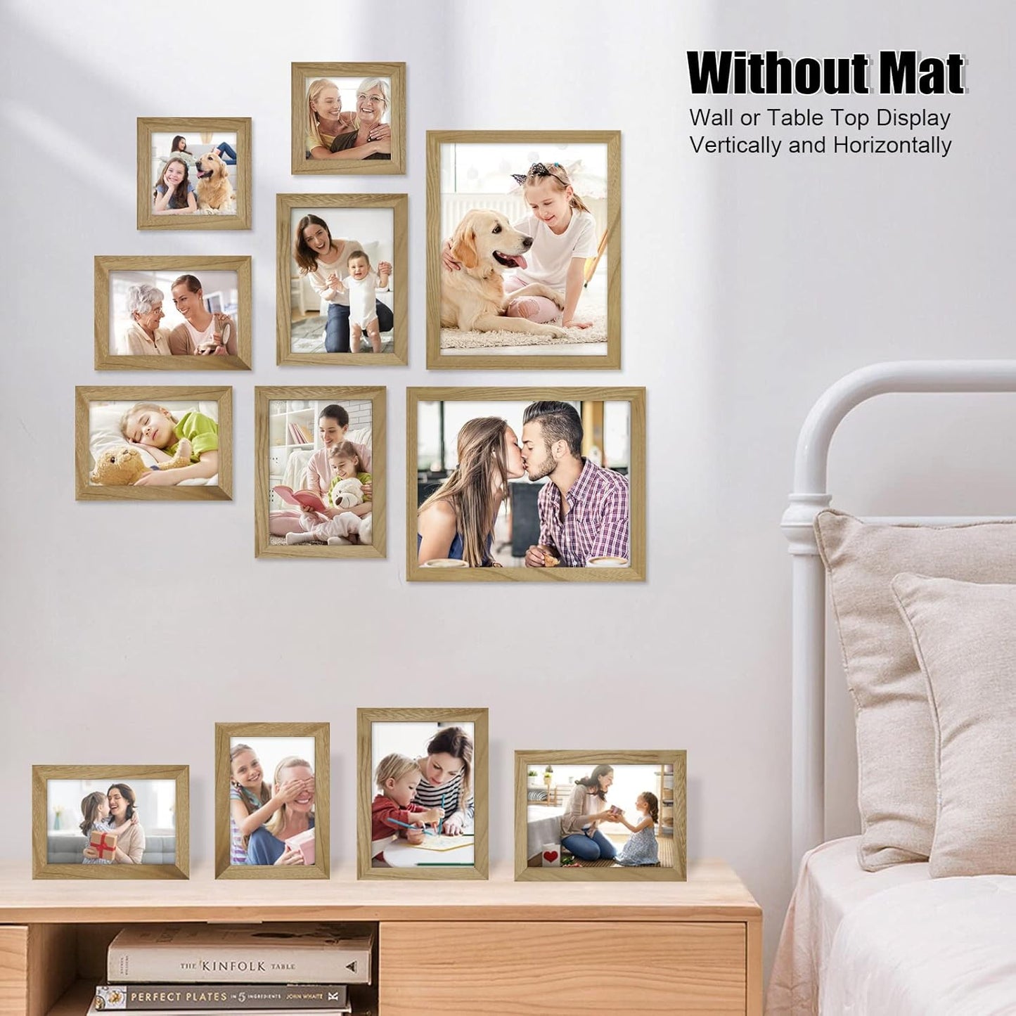 Egofine Picture Frame Set 12 Pack, Picture Frames Collage Wall Decor with Two 11x14, Two 8x10, Four 5x7, Four 4x6 for Wall and Tabletop, Made of Solid Wood, Covered by Plexiglass, Natural Wood